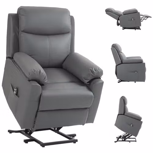 HOMCOM Power Lift Recliner Chair in Grey Faux Leather with Motorised Recline and Armrests – 1