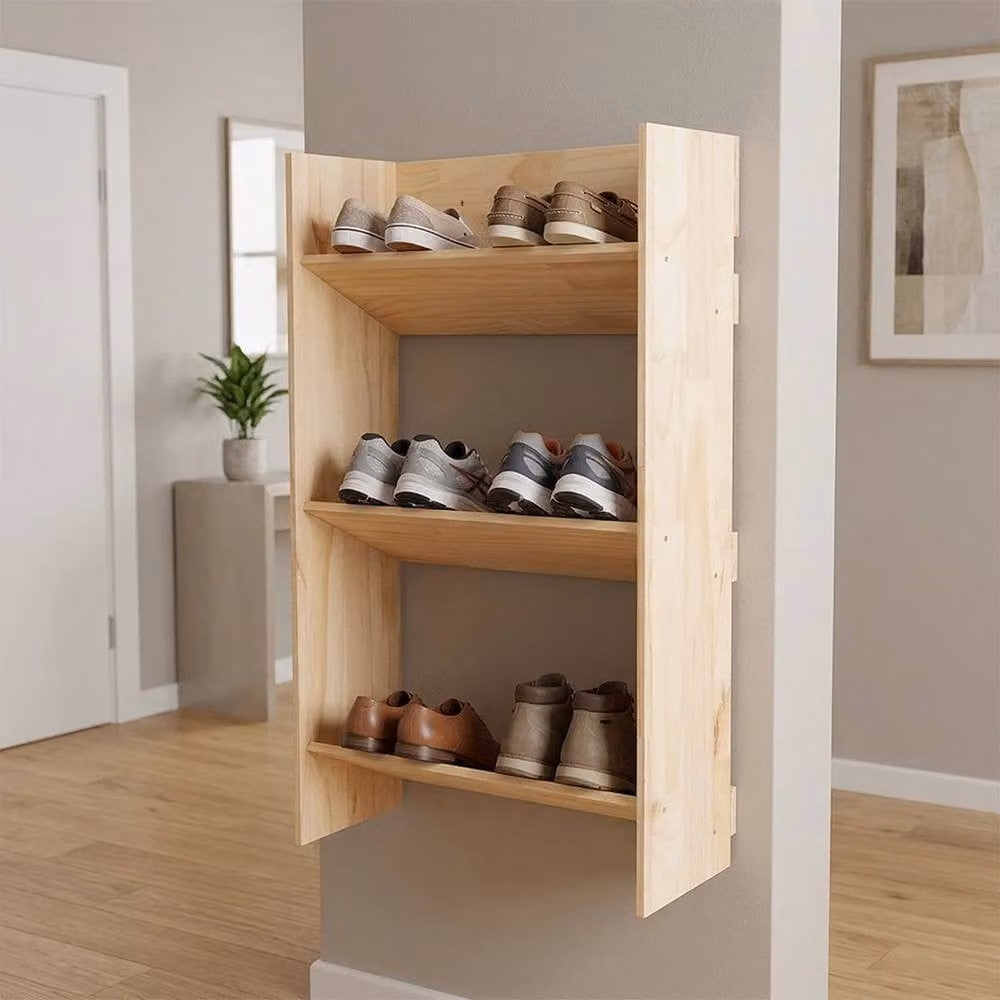 Kelvenix 3-Tier Wall Mounted Wooden Shoe Rack in Beige – 2