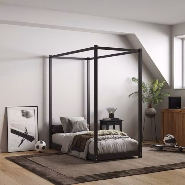 Flair Modern Canopy Four Poster Bed Frame in Black Solid Pine Wood, W/D/H: 90 x 200 cm