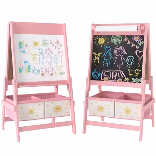 AIYAPLAY 3-in-1 Art Easel with Whiteboard and Blackboard for Kids Aged 3-8, Pink – 1