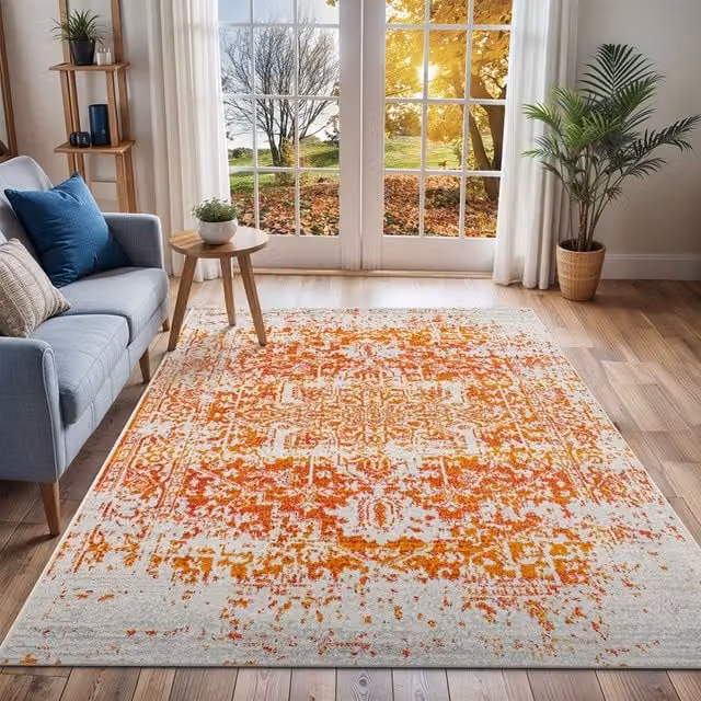 Livabliss Harput Vintage Boho Living Room Rug in Grey, Blue, Orange and White, W: 160 cm, D: 220 cm