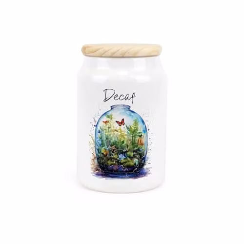 Purely Home Plant Terrarium Decaf Ceramic Storage Canister with Wooden Lid, Green and White, 0.6 l, W: 14.5 cm, D: 9.5 cm