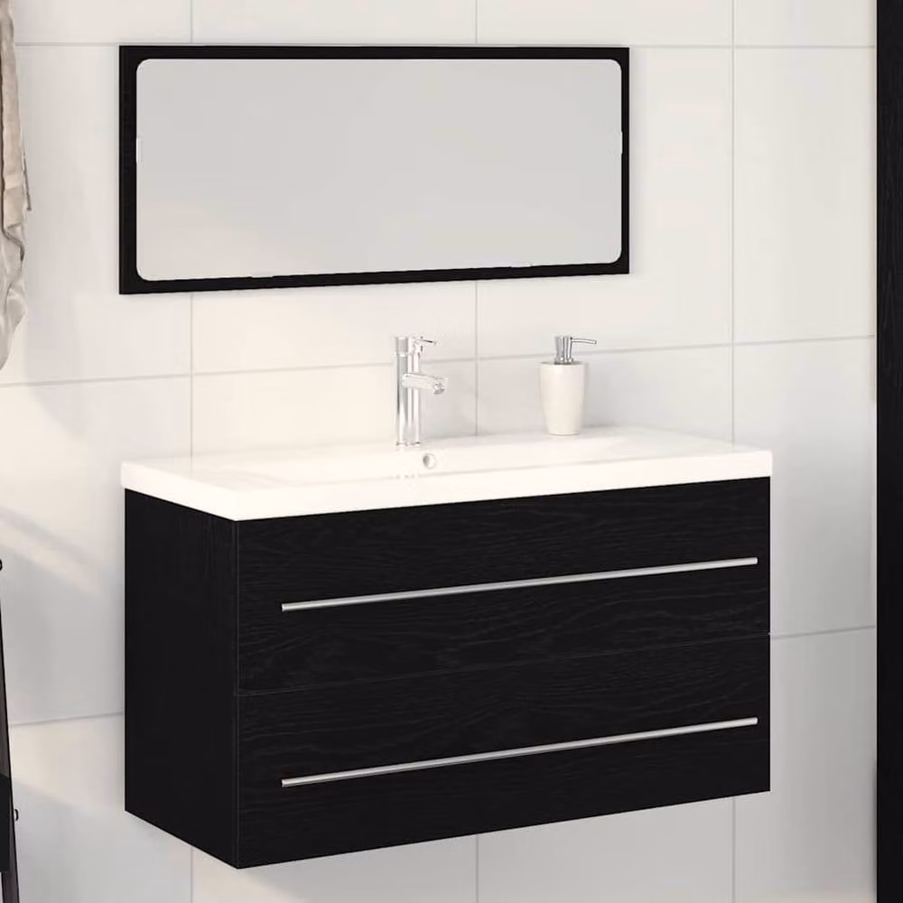 Berkfield Home Modern Bathroom Vanity Unit with Built-in Basin in Black Oak Matt Finish – 2