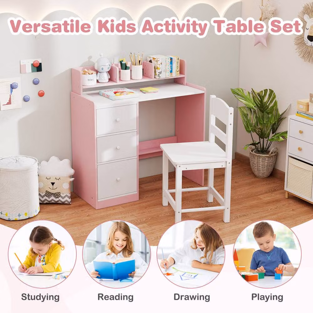 Costway Kids Study Desk and Chair Set with Wooden Hutch and Storage Shelf in Pink and Multicolour – 2