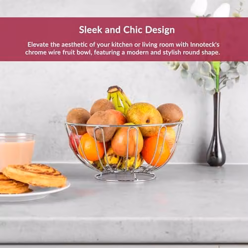 Innoteck Essentials Round Chrome Fruit Bowl, Silver Metal Wire Basket for Kitchen Storage – 2