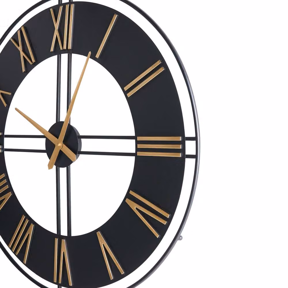 Wyld and Coco Industrial Round Analog Wall Clock in Matte Black Metal with Gold Roman Numerals, Diameter: 80 cm – 4