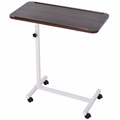 HOMCOM Height Adjustable C-Shaped Overbed Table with Castors, Brown