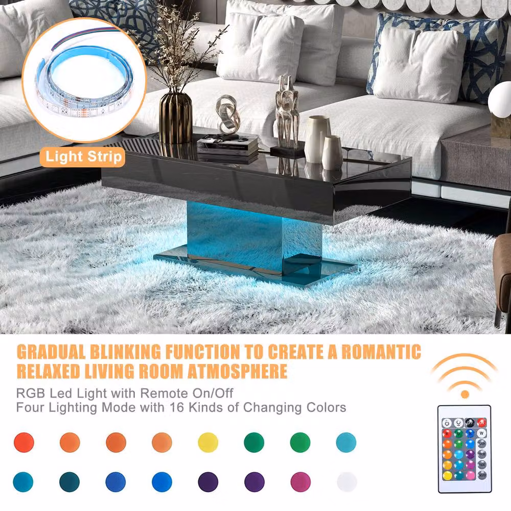 KEEPREAPER Modern High Glossy Coffee Table with 16 Colour LED Lights in Black – 4