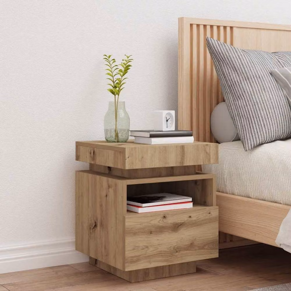 Berkfield Home Artisan Oak Bedside Cabinet with Integrated LED Lights, Brown, W: 40 cm, D: 39 cm, H: 48.5 cm – 1