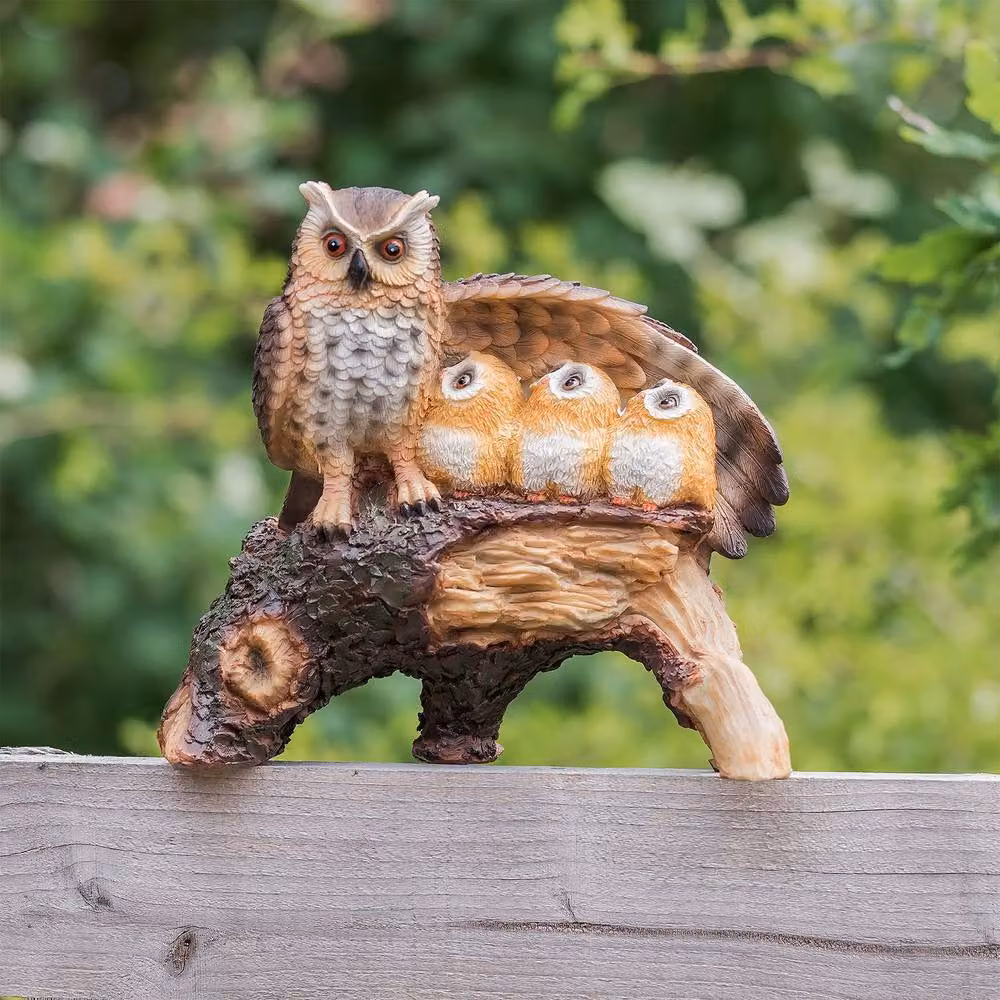 Globrite Solar Owl Family Resin Statue with LED Light, Brown and Multicolour Outdoor Garden Ornament – 3