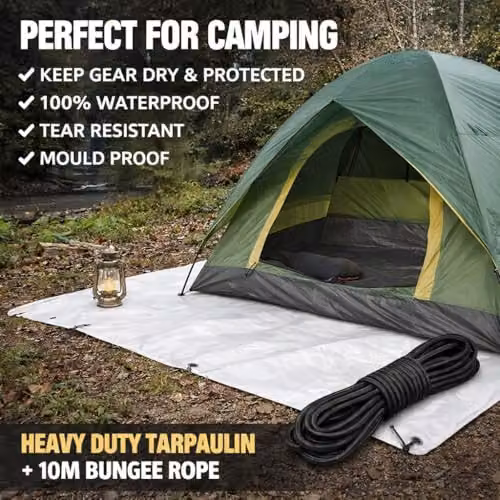SolaDirect White Heavy-Duty Waterproof Tarpaulin with Aluminium Eyelets and Black Bungee Rope, 4 x 5 m – 3