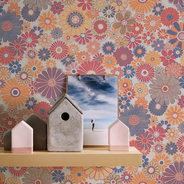 A.S. Création Retro Floral Botanical Wallpaper in Multicolour Red, Orange and Blue
