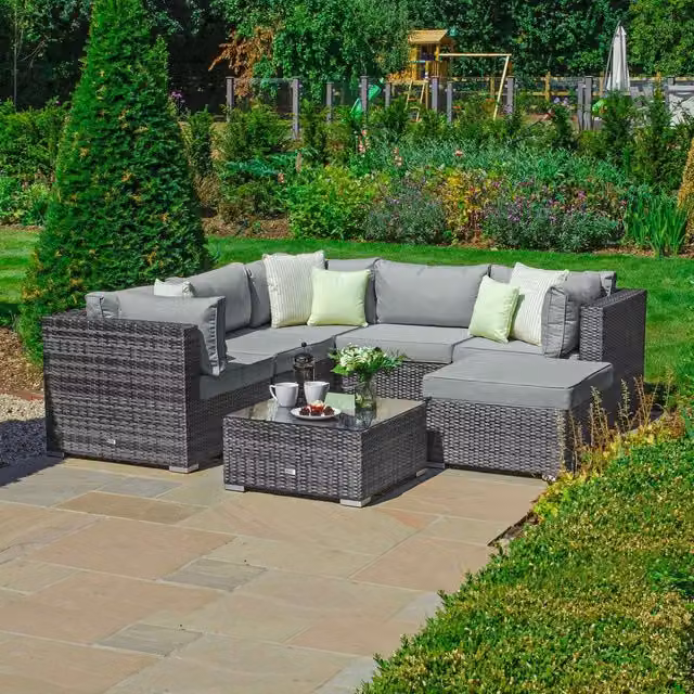 Nova Outdoor Living Chelsea Grey L-Shape Corner Sofa Set with Ottoman and Coffee Table