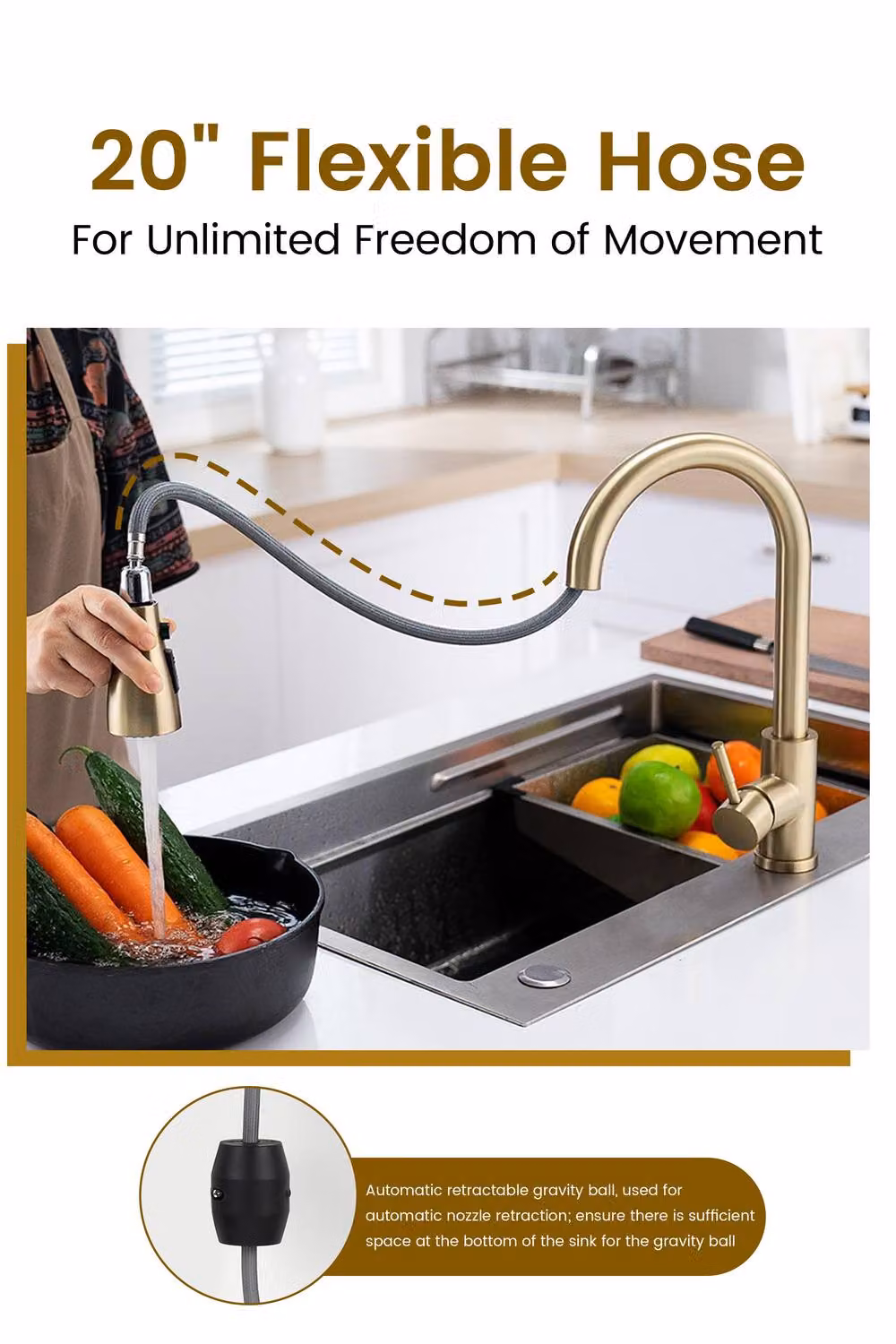 JANLEMNY Brushed Gold Kitchen Mixer Tap with Pull-Out Spray and Swivel Spout – 2