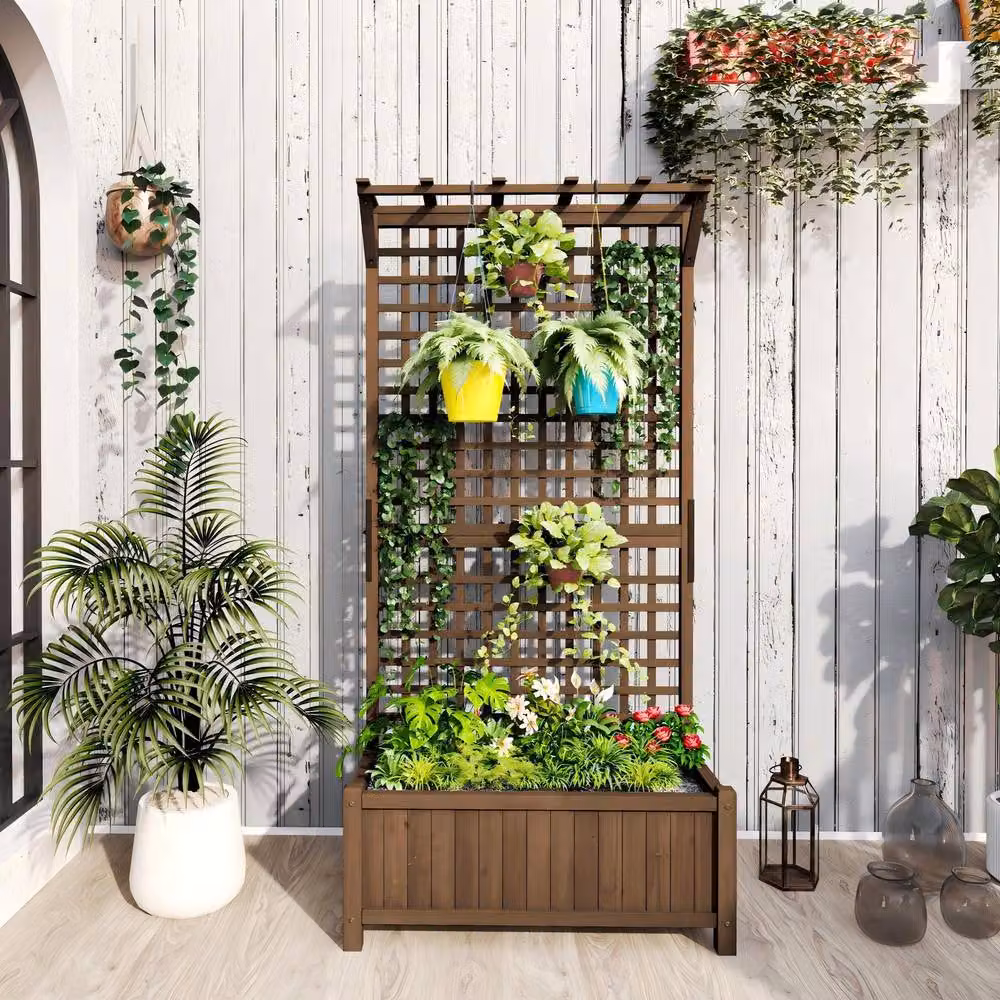 STILVORA Brown Wooden Raised Planter with Trellis and Hanging Roof – 6