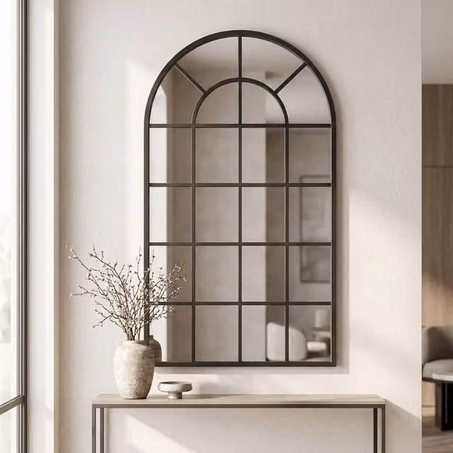 STILVORA Retro Arched Wall Mirror with Black Metal Frame