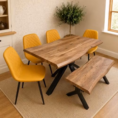 KOSY KOALA 6 Seater Dining Set with X-Frame Live Edge Style Rectangular Table, 4 Mustard Faux Leather Chairs and Bench, Rustic Brown and Yellow, W/D/H: 140 x 80 x 75 cm