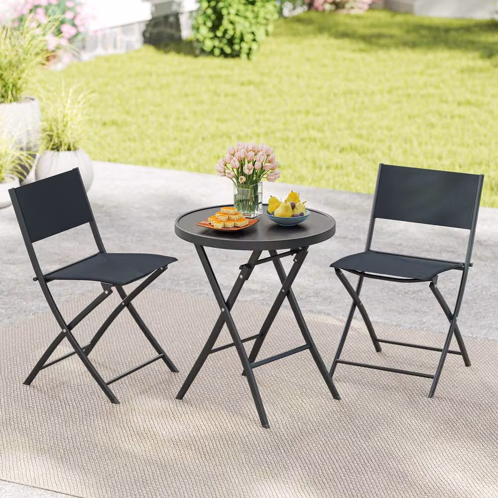 Costway 3 Piece Folding Bistro Set with Metal Frame and Glass Top in Matt Black – 5