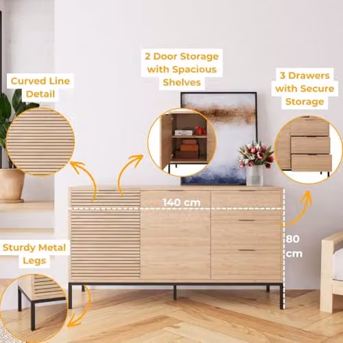 Bimossa Alya Oak Effect Sideboard Cabinet with 3 Drawers and 2 Doors, W: 140 cm, H: 80 cm, D: 40 cm – 3