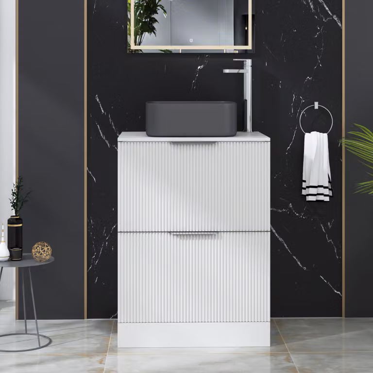 Royal Bathrooms Evora 600mm Matt White Fluted Floor Standing Countertop Vanity Unit with 2 Drawers and Art Square Basin