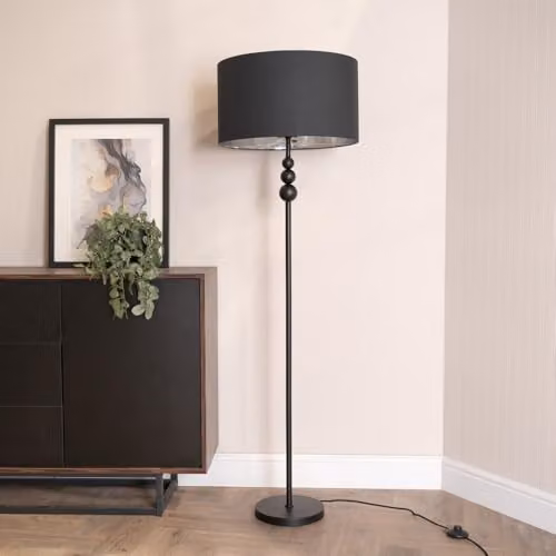 ValueLights Marissa Black Stacked Ball Floor Lamp with Fabric and Chrome Inner Shade and Warm White Bulb – 2