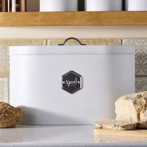 Cooks Professional Metal Bread Bin in White and Silver with Ventilated Lid – 2