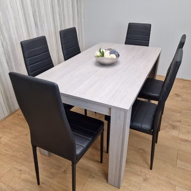 Kosy Koala Modern Grey Rectangular Dining Set with 6 Black Chairs, W/D/H: 140 x 80 x 75 cm