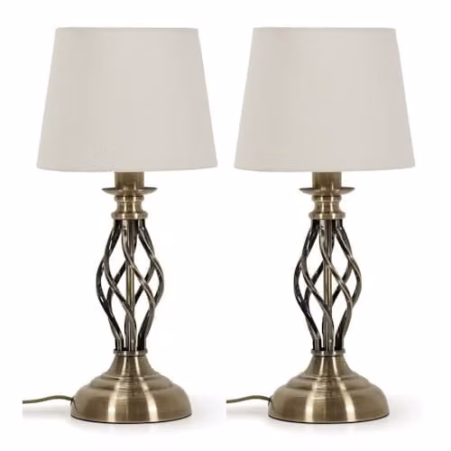 ValueLights Pair of Antique Brass Table Lamps with White Fabric Shades and LED Bulbs in Gold/Brass