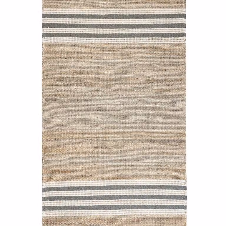 Wyld and Coco Handwoven Jute, Wool and Cotton Striped Dhurrie Rug in Beige and Grey with Fringes, W: 80 cm, L: 150 cm