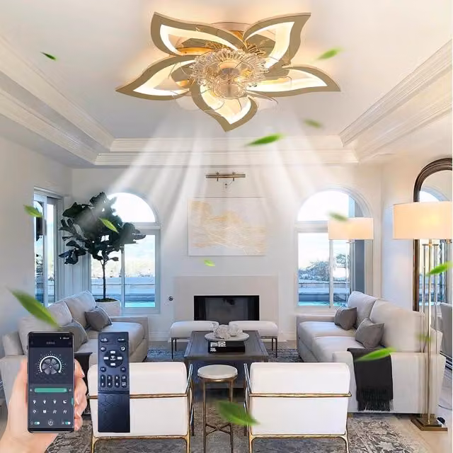 Garwarm Gold Dimmable Modern Silent Ceiling Fan Chandelier with Transparent Shade for Living Rooms and Bedrooms – 1