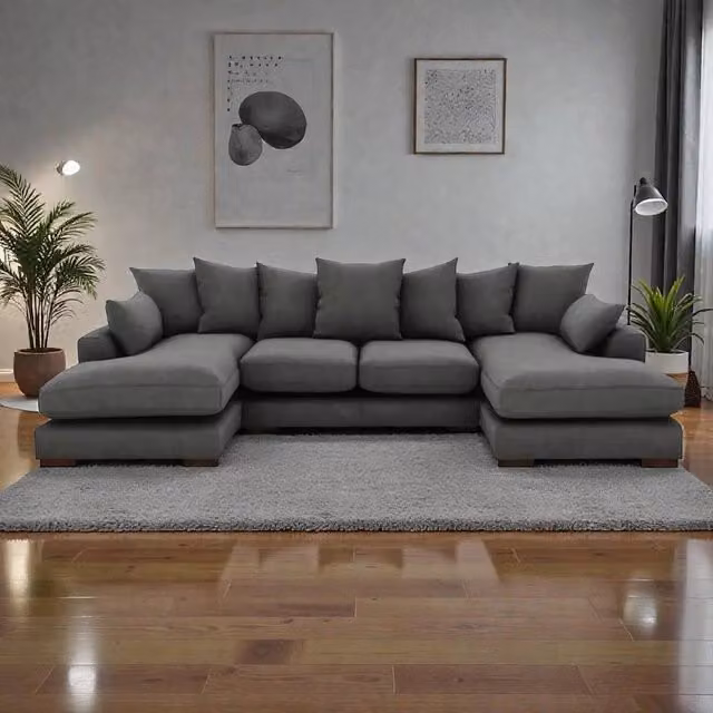 Snug Furniture Birmingham Ltd Linea Reversible U-Shape Double Ended Plush Velvet Sofa with Matching Ottoman and Scatter Cushions in Grey