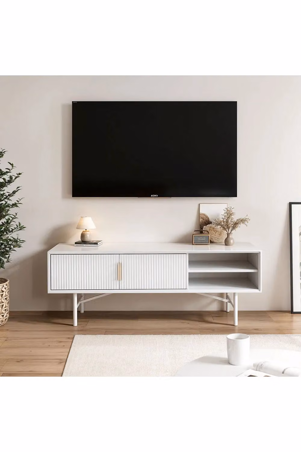 Living and Home Modern White Striped Wooden TV Stand – 2