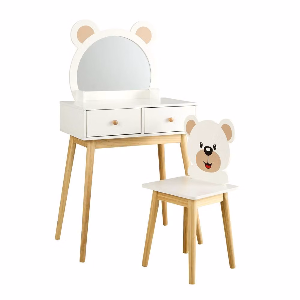Home Source Ted Kids 2 Drawer Dressing Table Set with Built-In Mirror and Stool in White and Multicolour – 3