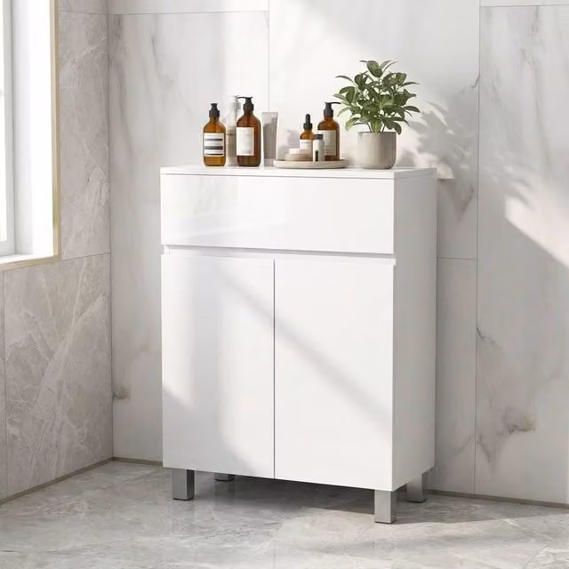 STILVORA Modern White Glossy Bathroom Cabinet with Drawer and Cupboard – 1