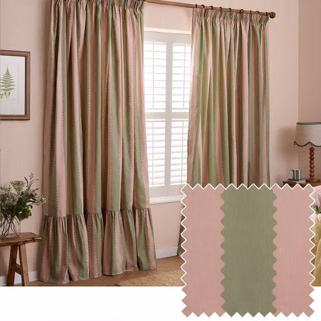Make It A Home Birdie Stripe Fully Lined Ruffle Pencil Pleat Curtain Pair in Pink and Green, W: 168 cm, H: 183 cm