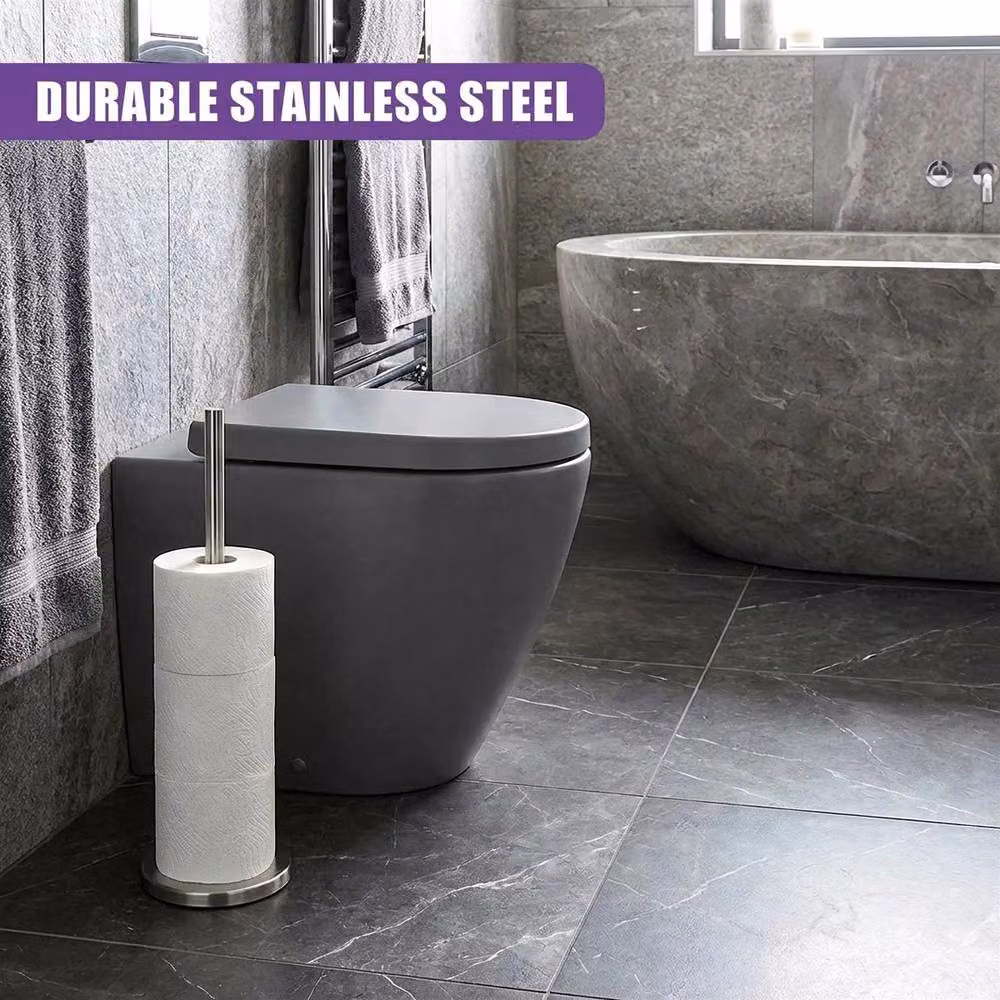 NESTLUNE Stainless Steel Freestanding Toilet Roll Holder with Spare Roll Storage in Silver – 4