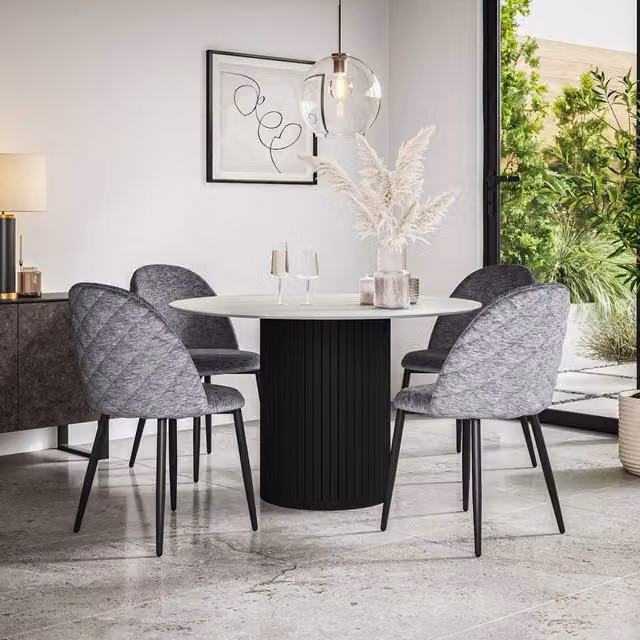 More4Homes Arlo White Marble Round Dining Table with Black Legs and 6 Grey Raye Velvet Dining Chairs Set, W/D/H: 120 x 120 x 75 cm