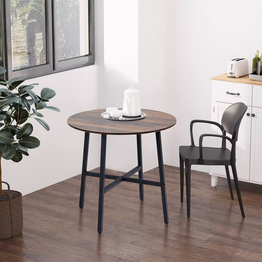 STILVORA Round Industrial Dining Table with Black Steel Frame and Brown MDF Laminate Top, W/D/H: 80 x 80 x 76 cm – 2