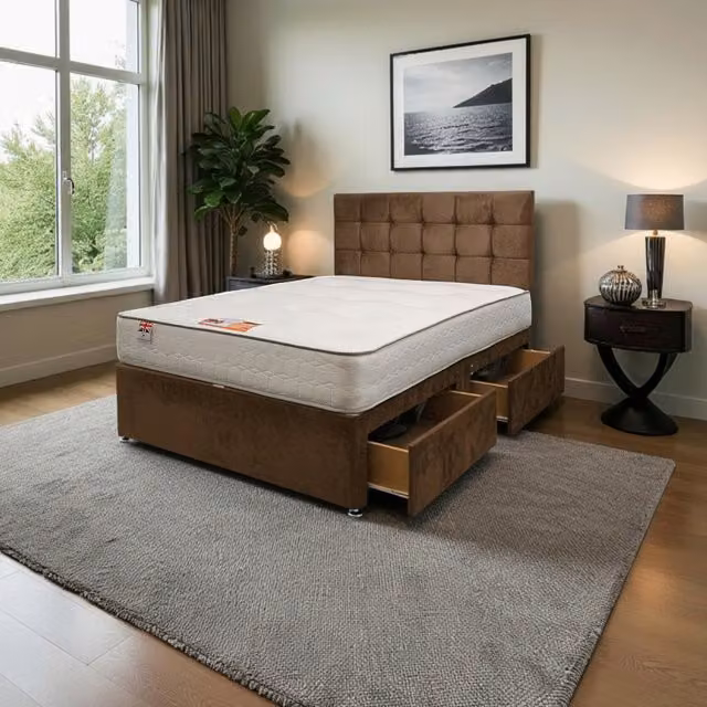 Knight Sleep Modern Upholstered Fabric Bed Set with Headboard and Drawers in Brown, W/D/H: 140 x 200 cm