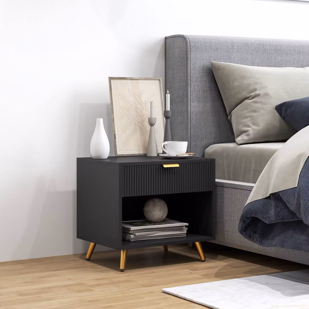 ERGOVEXA Elegant Black and Gold Bedside Table with Drawer and Shelf – 3
