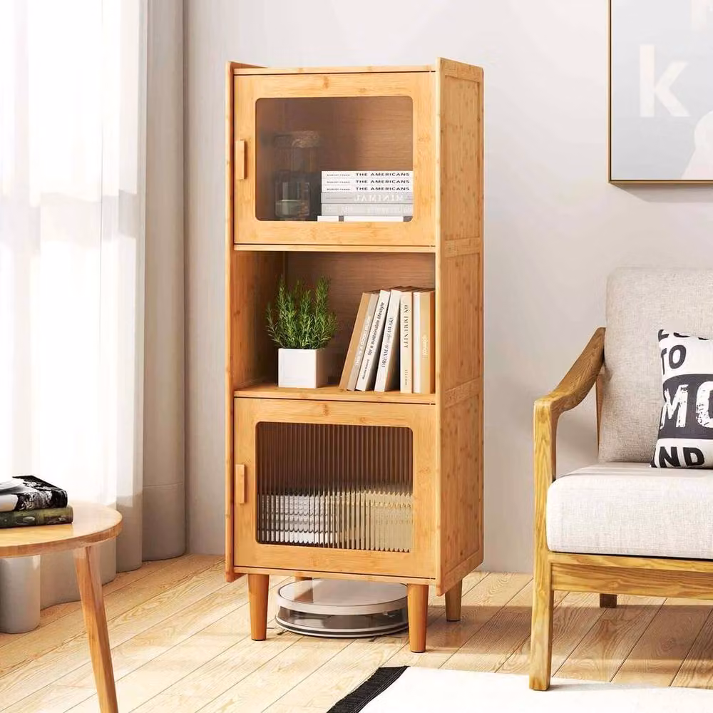 VOGREX Natural 3-Cube Bamboo Storage Display Cabinet with Glass Doors in Brown – 3