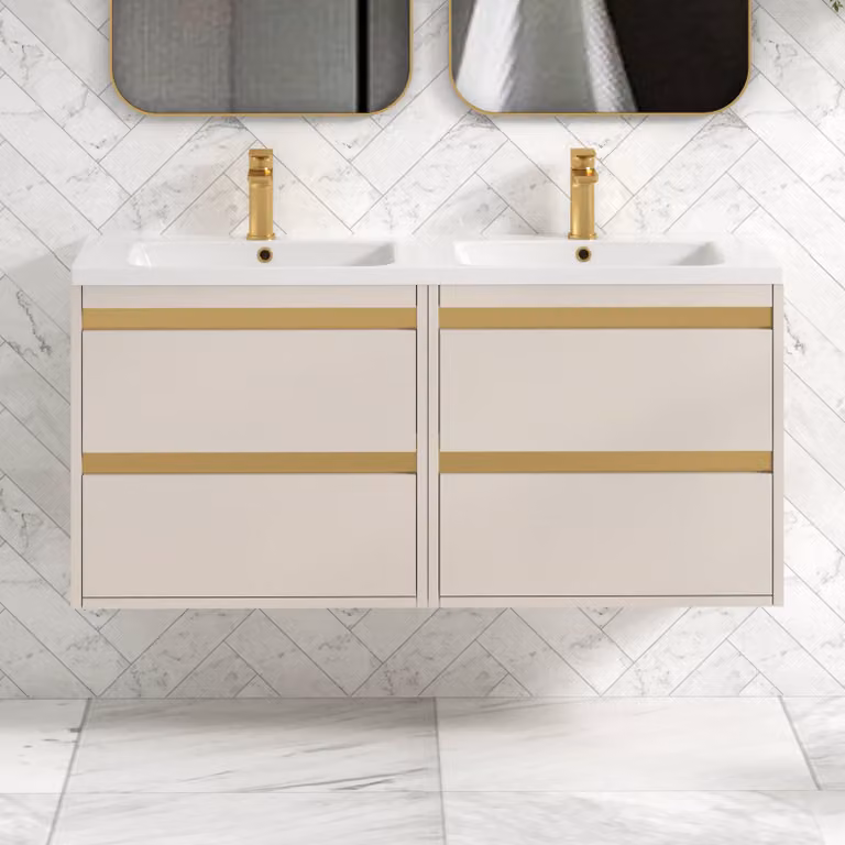Royal Bathrooms Orion 1200 Wall Hung Vanity Unit in Warm Taupe with Ceramic Basin and Brushed Brass Accent Trim