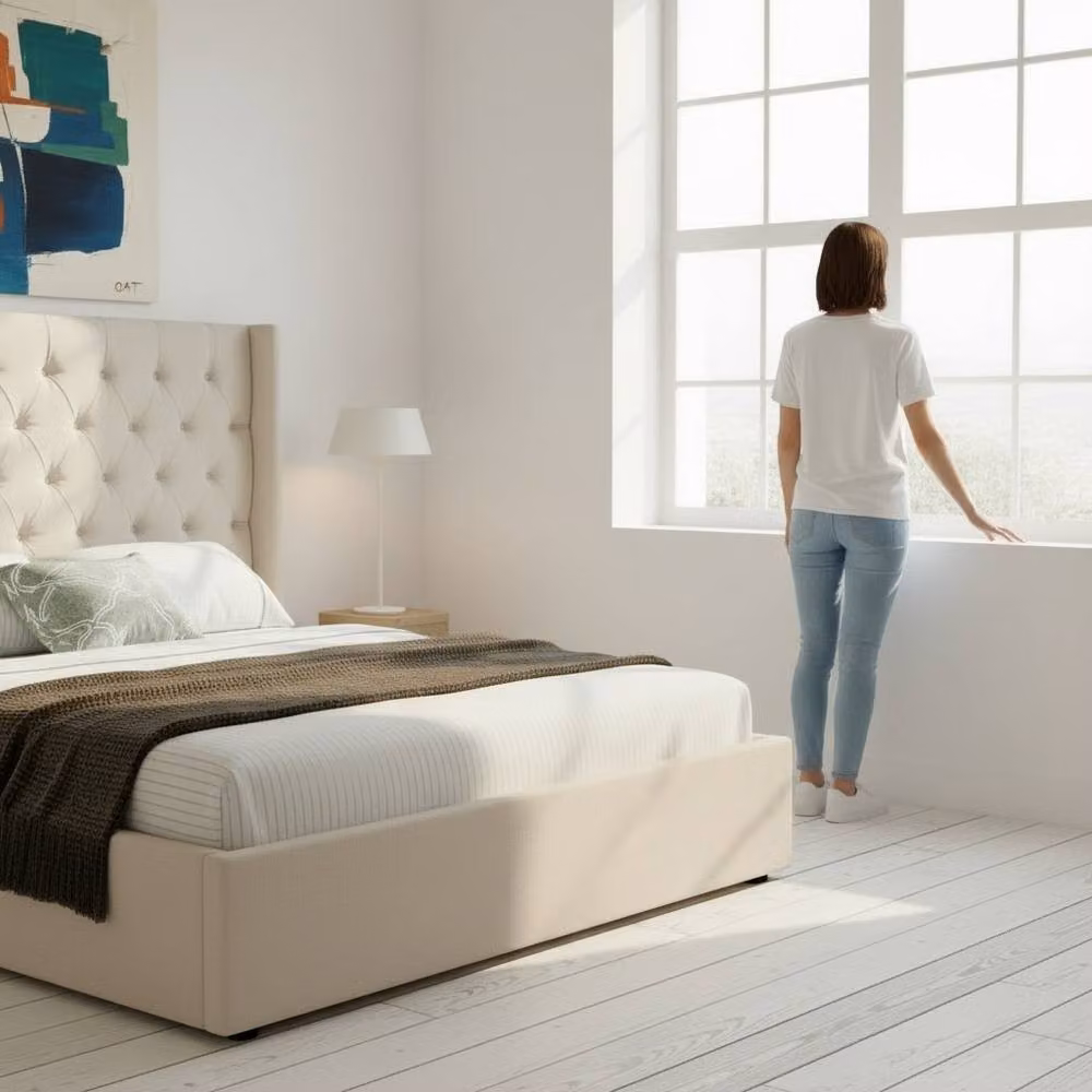 OAT Home Wrenbury Winged Chesterfield Upholstered Ottoman Storage Bed Frame in Sand, W/D/H: 180 x 200 x 166 cm – 2
