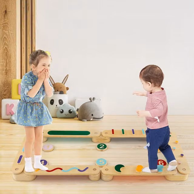 Costway Modular Wooden Montessori Balance Beam Set in Brown