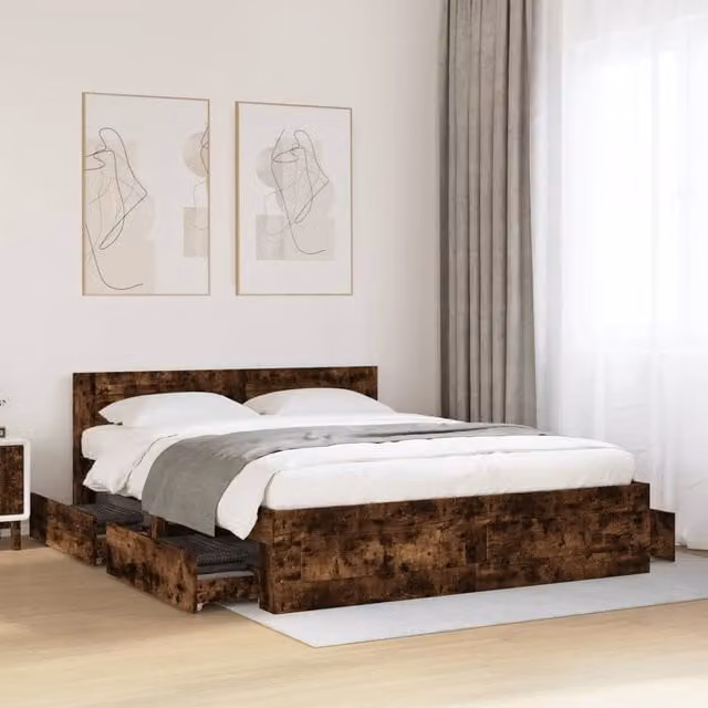 Berkfield Home Bed Frame with Headboard and Drawers in Smoked Oak Brown, W/D/H: 160 x 200 cm – 1