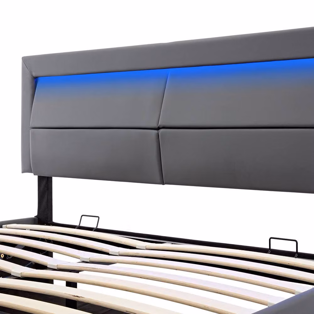 STILVORA Grey Upholstered King Size Bed with USB Charging Ports, LED Under-Bed Lighting and Lift-Up Storage Base, W/D/H: 180 x 200 cm – 7