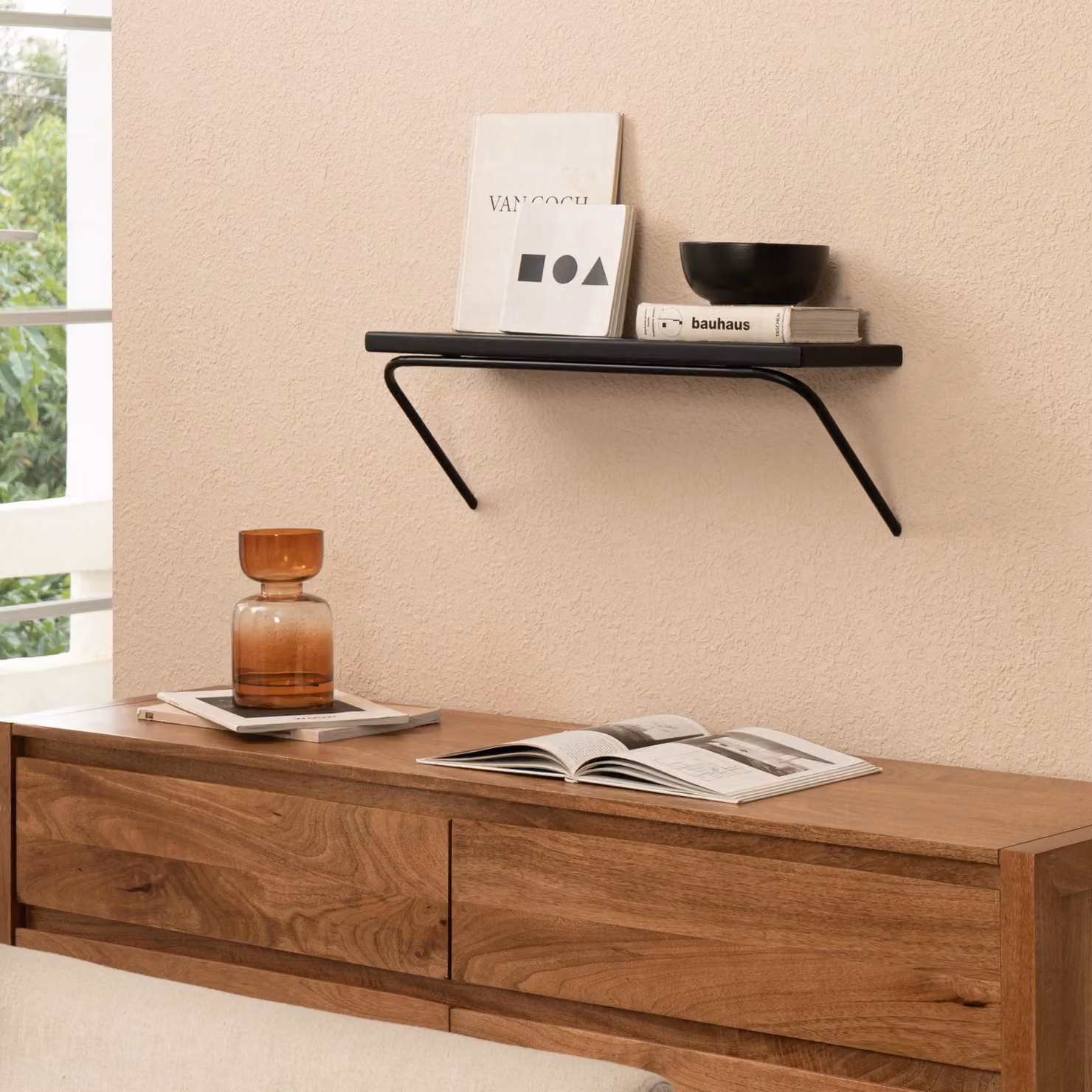 MH London Venice Wall Mounted Floating Shelf in Black Solid Mango Wood with Metal Support – 3