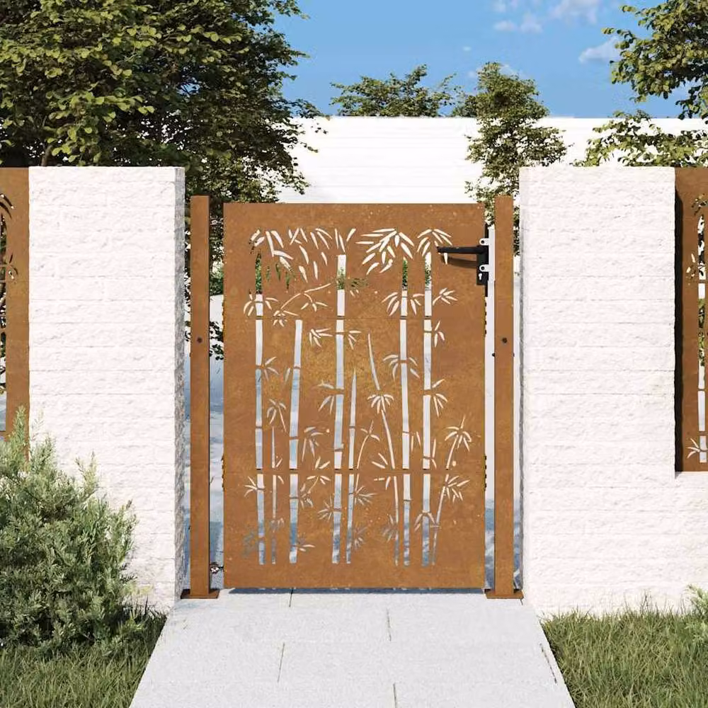 Berkfield Home Beautiful Garden Gate, Brown Corten Steel with Bamboo Design, W: 105 cm, H: 130 cm – 2