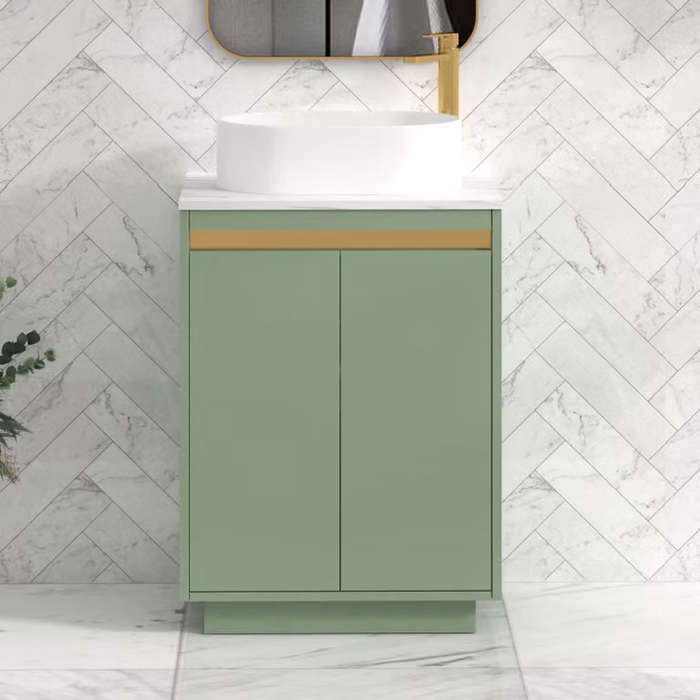 Royal Bathrooms Orion 600mm Mint Sage Floor Standing 2 Door Vanity Unit with Peak Basin and Brushed Brass Trim