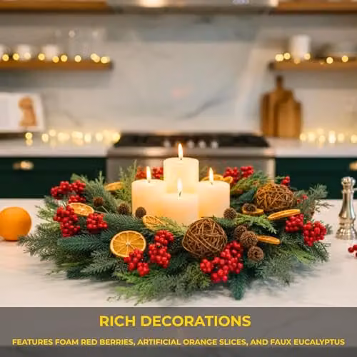 Shatchi Rustic Christmas Wreath with Eucalyptus, Berries and Rattan Balls in Orange, Red and Green, Diameter: 60 cm – 6